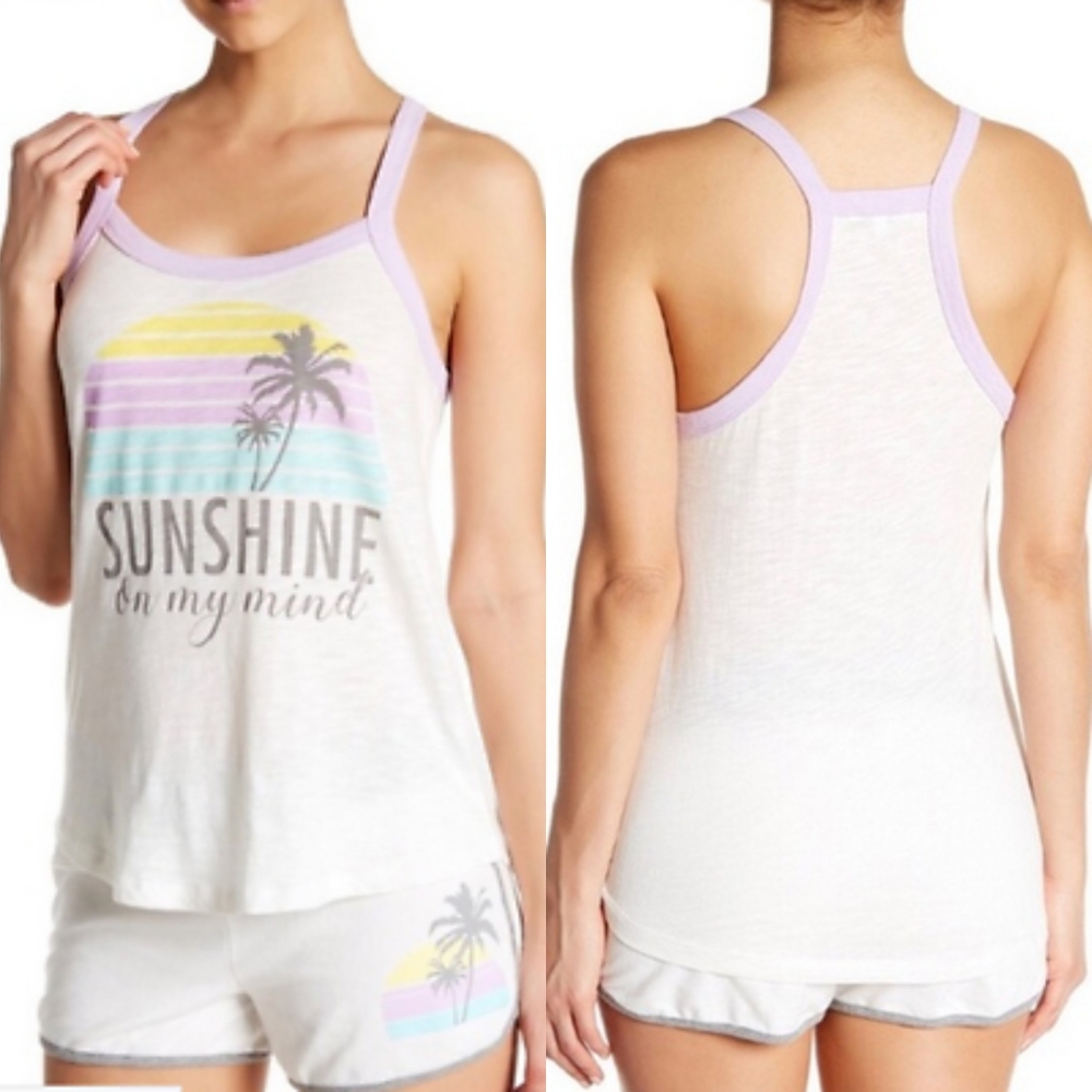 PJ Salvage Sunshine On My Mind Graphic Tank Top Shirt Racerback Purple White XL